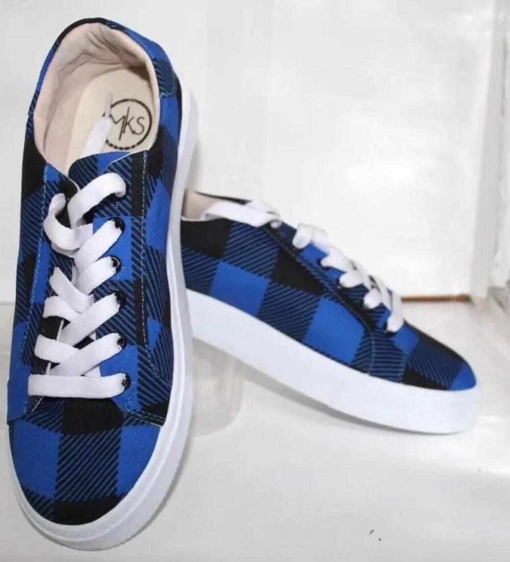 MKS Shoes Womens Sz 7.5 Blue Black Buffalo Plaid Canvas Low Top Lace Up Sneakers